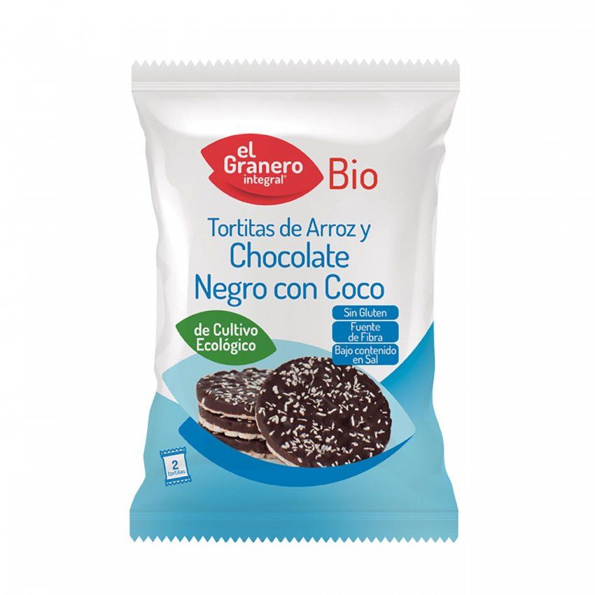 TORTITAS DE ARROZ CON CHOCOLATE NEGRO Y COCO BIO, 33 g